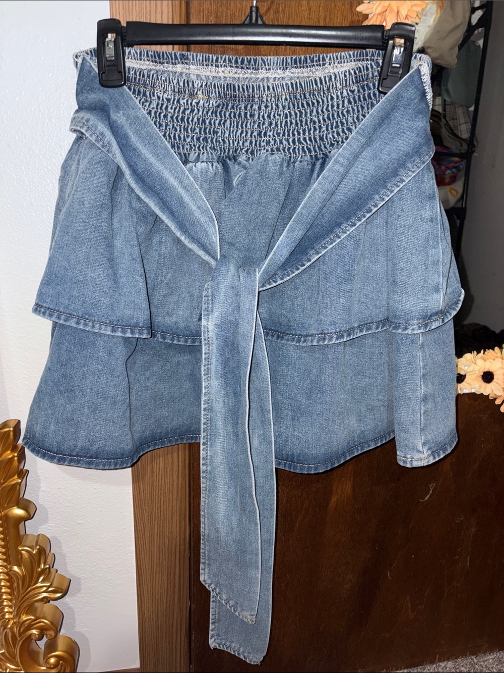 Denim Tiered Mini Skirt w Tie